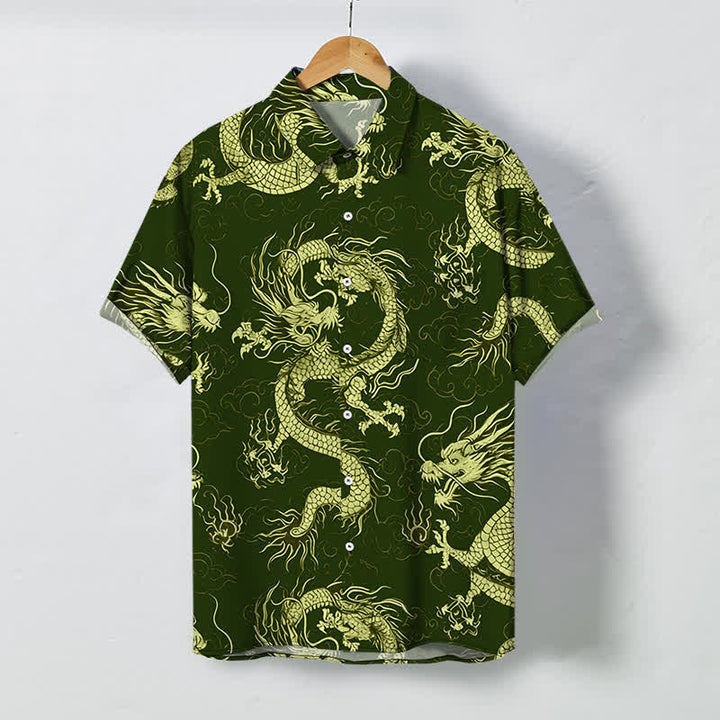 Buddha Stones Herren-Kurzarmhemd mit goldenem Drachen- und Wolkenmuster, knitterarm. - Dunkelolivgrün - US/ UK/AU48, EU58 (4XL) - image 5