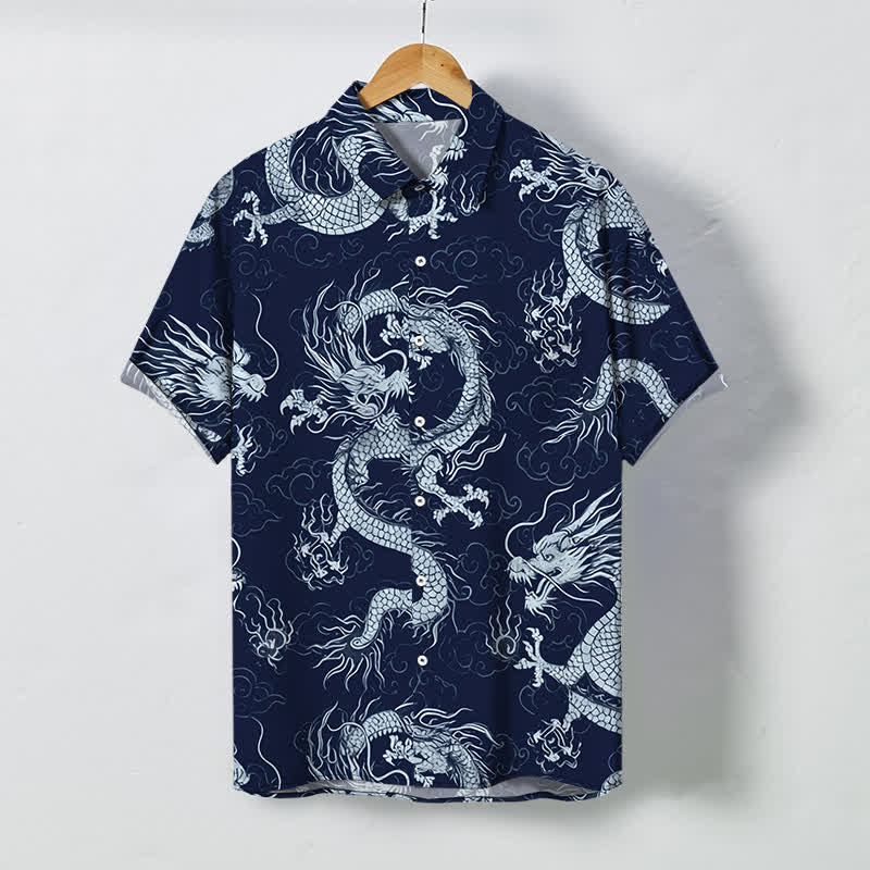 Buddha Stones Herren-Kurzarmhemd mit goldenem Drachen- und Wolkenmuster, knitterarm. - Marine - US/ UK/AU48, EU58 (4XL) - image 10