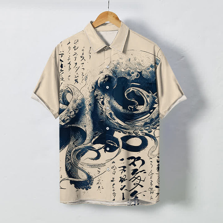 Buddha Stones Knöpfe mit japanischem Oktopus-Kalligrafiemuster, knitterfrei, Herren-Kurzarmhemd - Beige - US/ UK/AU48, EU58 (4XL) - image 0