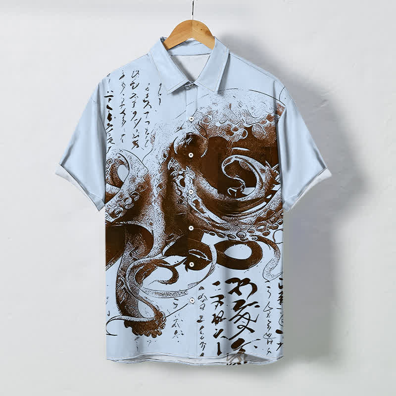 Buddha Stones Knöpfe mit japanischem Oktopus-Kalligrafiemuster, knitterfrei, Herren-Kurzarmhemd - Hellblau - US/ UK/AU48, EU58 (4XL) - image 3