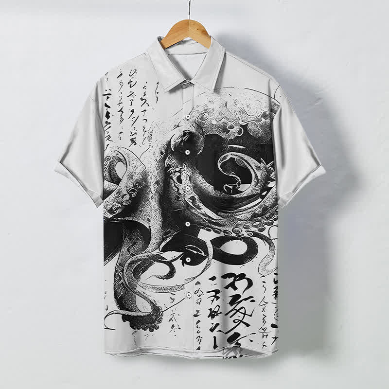 Buddha Stones Knöpfe mit japanischem Oktopus-Kalligrafiemuster, knitterfrei, Herren-Kurzarmhemd - Gainsboro - US/ UK/AU48, EU58 (4XL) - image 6