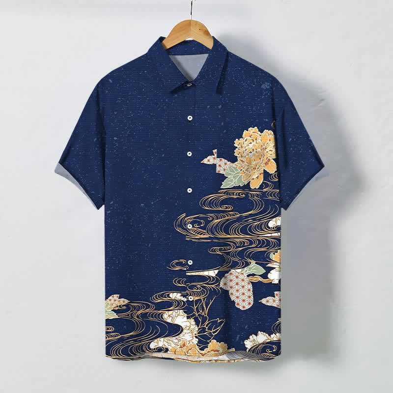 Buddha Stones Atmungsaktives Herren-Kurzarmhemd mit Lotus-Wellen-Wolkenmuster und Knöpfen - Marine - US/ UK/AU48, EU58 (4XL) - image 0