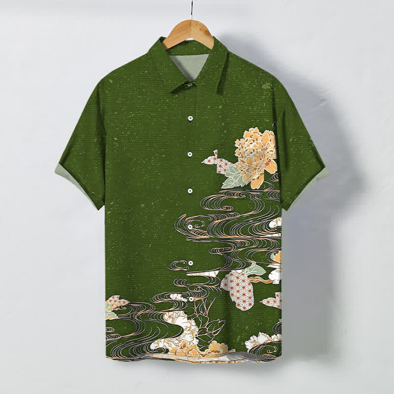 Buddha Stones Atmungsaktives Herren-Kurzarmhemd mit Lotus-Wellen-Wolkenmuster und Knöpfen - Dunkelolivgrün - US/ UK/AU48, EU58 (4XL) - image 5