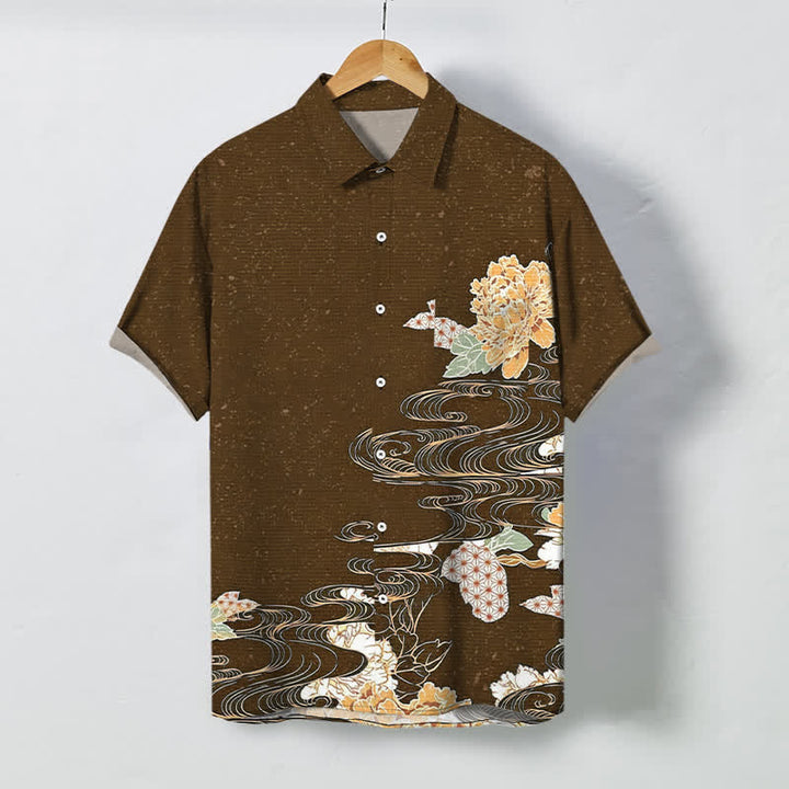 Buddha Stones Atmungsaktives Herren-Kurzarmhemd mit Lotus-Wellen-Wolkenmuster und Knöpfen - Sattelbraun - US/ UK/AU48, EU58 (4XL) - image 10