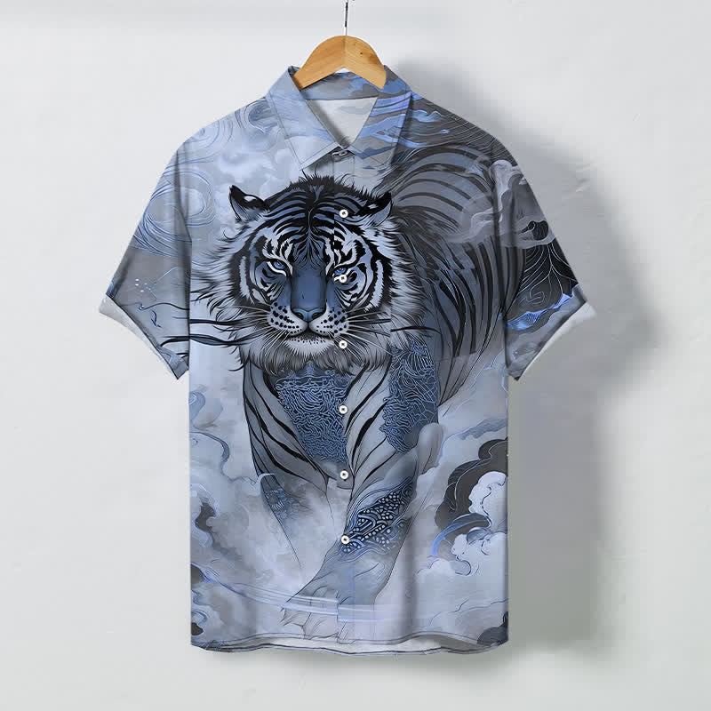 Buddha Stones Kurzarmhemd für Herren mit Tigerwolken-Wellenmuster, knitterarm - Hellstahlblau - US/ UK/AU48, EU58 (4XL) - image 5