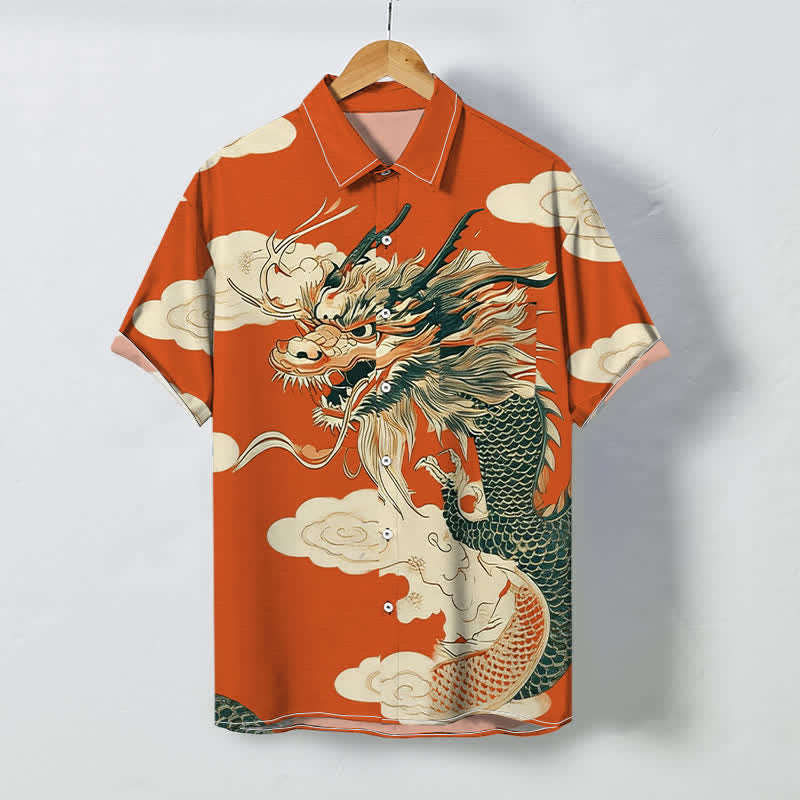 Buddha Stones Herren-Kurzarmhemd mit chinesischem Drachen- und Wolkenmuster, knitterarm - Orange - US/ UK/AU48, EU58 (4XL) - image 0