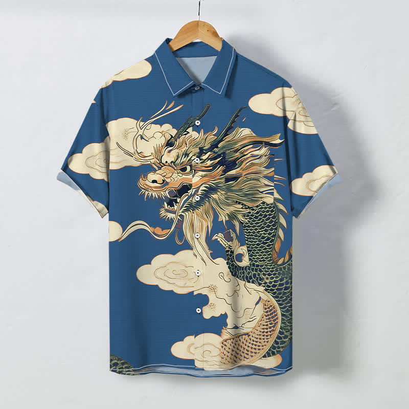 Buddha Stones Herren-Kurzarmhemd mit chinesischem Drachen- und Wolkenmuster, knitterarm - Königsblau - US/ UK/AU48, EU58 (4XL) - image 6