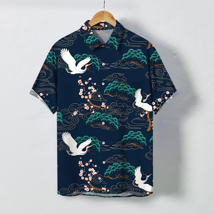 Buddha Stones Atmungsaktives Herren-Kurzarmhemd mit Kranich-, Kiefernblüten- und Wolkenmuster und Knöpfen - Marine - US/ UK/AU48, EU58 (4XL) - image 10
