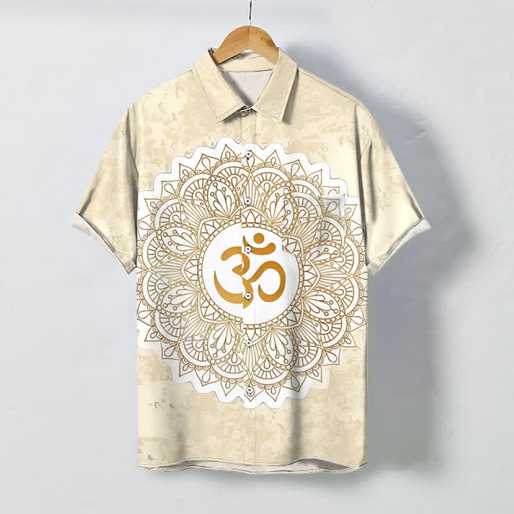 Buddha Stones Atmungsaktives Herren-Kurzarmhemd mit Om-Mandala-Muster und Knöpfen - Beige - US/ UK/AU48, EU58 (4XL) - image 0