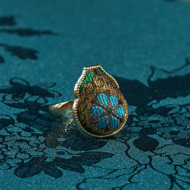Buddha Stones Song Brokat-Ring in Kürbisform, verstellbar, Vintage-Stil, chinesischer Stil - Goldblau (Gleicher Farbton – Muster variiert) - Verstellbar (offen) - image 0