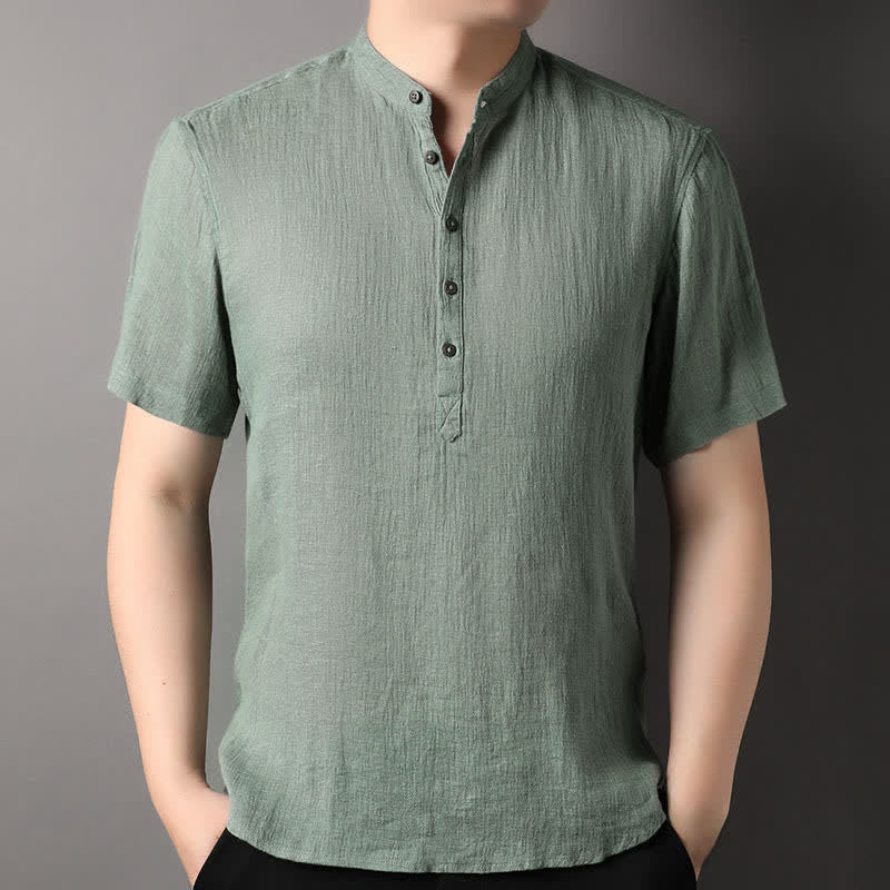 Buddha Stones Lässiges Sommerhemd im Tang-Stil mit Stehkragen, einfarbig aus Leinen, Kurzarm, für Herren - Dunkelseegrün - US/ UK/AU44, EU54 (4XL) - image 16