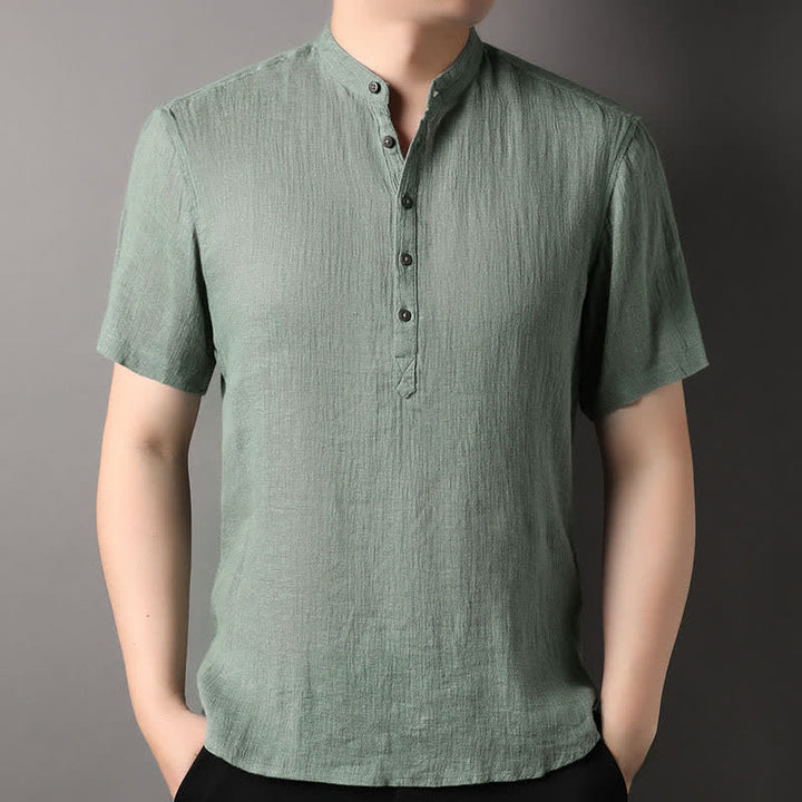 Buddha Stones Lässiges Sommerhemd im Tang-Stil mit Stehkragen, einfarbig aus Leinen, Kurzarm, für Herren - Dunkelseegrün - US/ UK/AU44, EU54 (4XL) - image 16