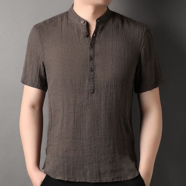 Buddha Stones Lässiges Sommerhemd im Tang-Stil mit Stehkragen, einfarbig aus Leinen, Kurzarm, für Herren - Sattelbraun - US/ UK/AU44, EU54 (4XL) - image 12