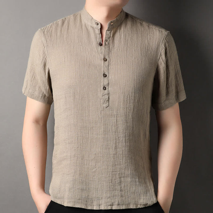 Buddha Stones Lässiges Sommerhemd im Tang-Stil mit Stehkragen, einfarbig aus Leinen, Kurzarm, für Herren - Bräunen - US/ UK/AU44, EU54 (4XL) - image 0