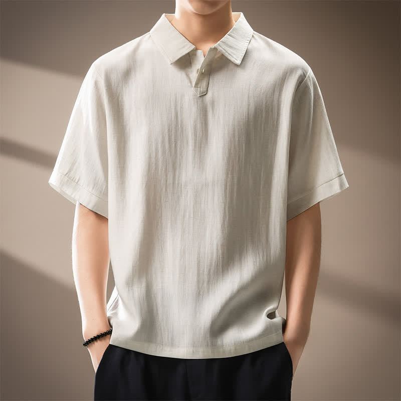 Buddha Stones Lässiges, minimalistisches Kurzarmhemd für Herren, einfarbig, mit Knopfleiste, Sommer-Look - Leinen - US/ UK/AU44, EU54 (4XL) - image 0