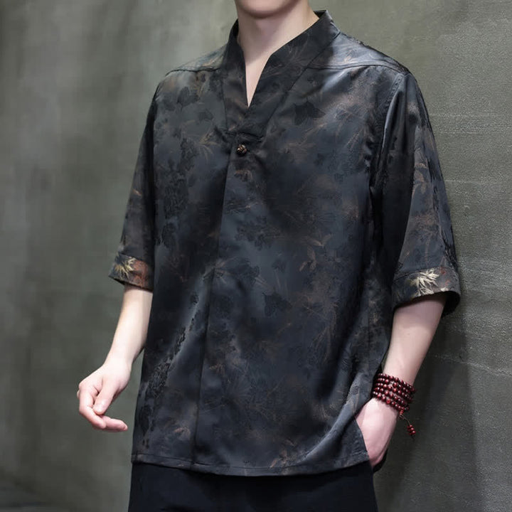 Buddha Stones Frühling/Sommer Tang Style Casual Herren Kurzarmhemden mit Stehkragen und Bambus-Schmetterling, Modell mit kurzem Ärmel - image 3