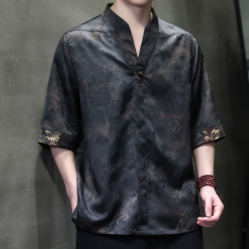 Buddha Stones Frühling/Sommer Tang Style Casual Herren Kurzarmhemden mit Stehkragen und Bambus-Schmetterling, Modell mit kurzem Ärmel - image 2