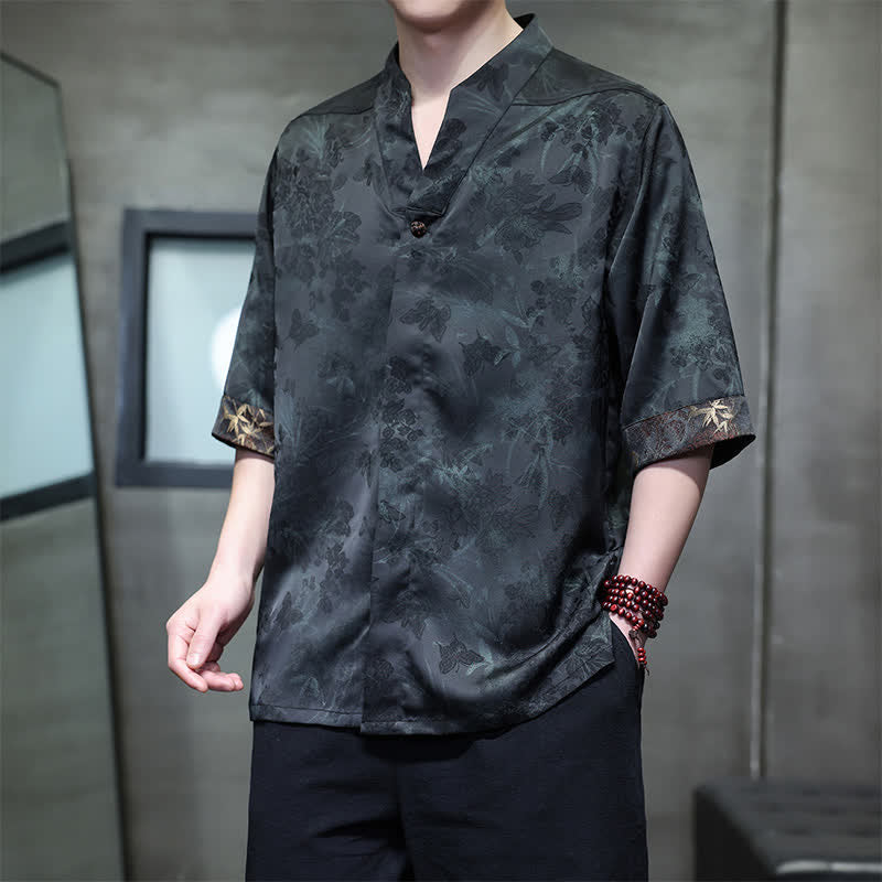 Buddha Stones Frühling/Sommer Tang Style Casual Herren Kurzarmhemden mit Stehkragen und Bambus-Schmetterling, Modell mit kurzem Ärmel - Dunkelseegrün - US/ UK/AU46, EU56 (5XL) - image 13