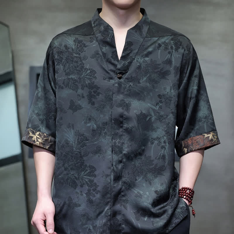 Buddha Stones Frühling/Sommer Tang Style Casual Herren Kurzarmhemden mit Stehkragen und Bambus-Schmetterling, Modell mit kurzem Ärmel - image 14