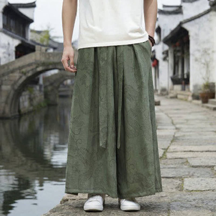 Buddha Stones Sommerliche Freizeithose im Tang-Stil mit Drachenmotiv und Kordelzug, Herrenhose mit weitem Bein - image 1