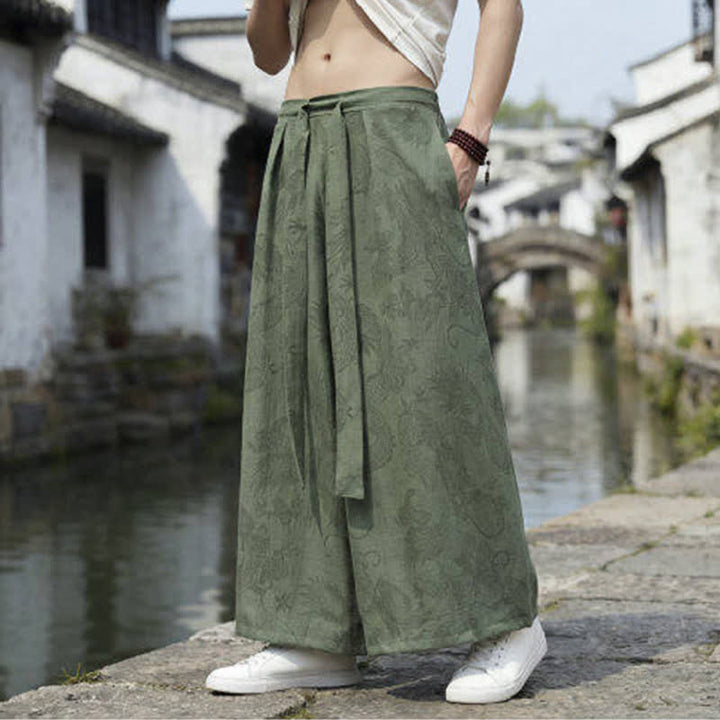 Buddha Stones Sommerliche Freizeithose im Tang-Stil mit Drachenmotiv und Kordelzug, Herrenhose mit weitem Bein - Olive - US/UK/AU46, EU56 (5XL) - image 0