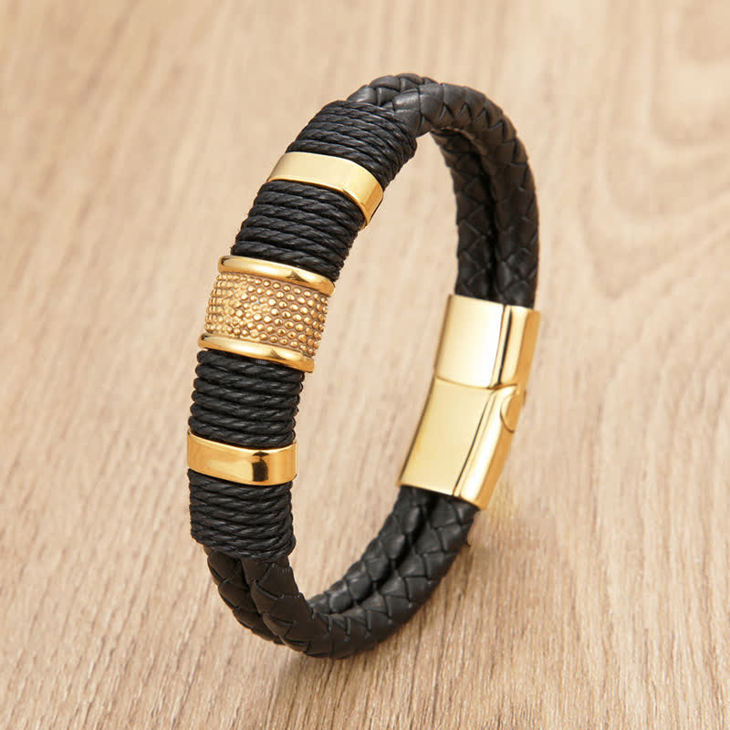 Buddha Stones Handgewebtes, robustes, doppellagiges Lederarmband - Gold - 7,9–8,3 Zoll (20–21 cm) - image 6