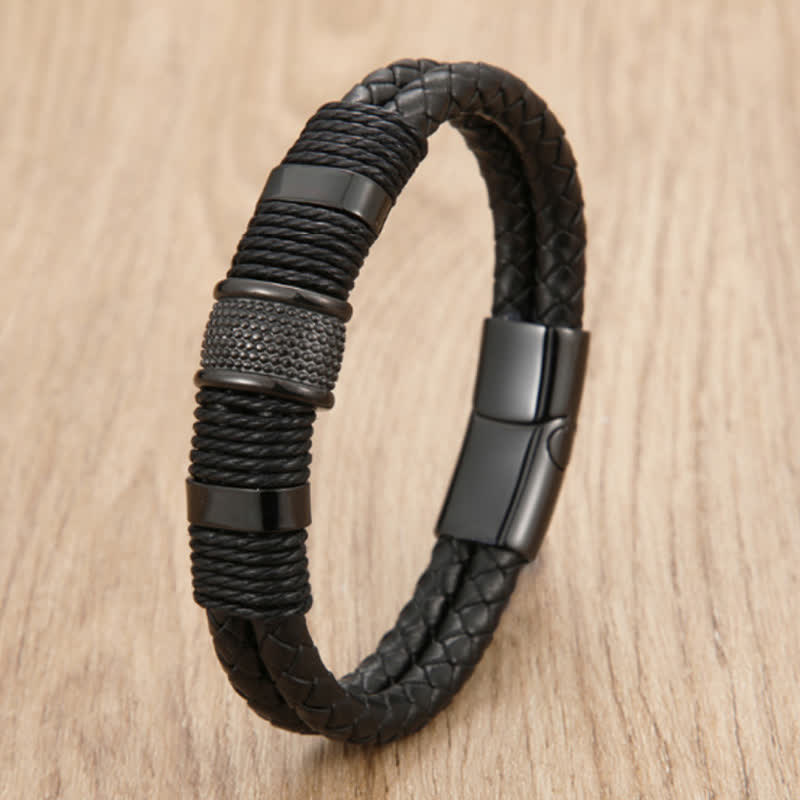 Buddha Stones Handgewebtes, robustes, doppellagiges Lederarmband - Schwarz - 7,9–8,3 Zoll (20–21 cm) - image 4