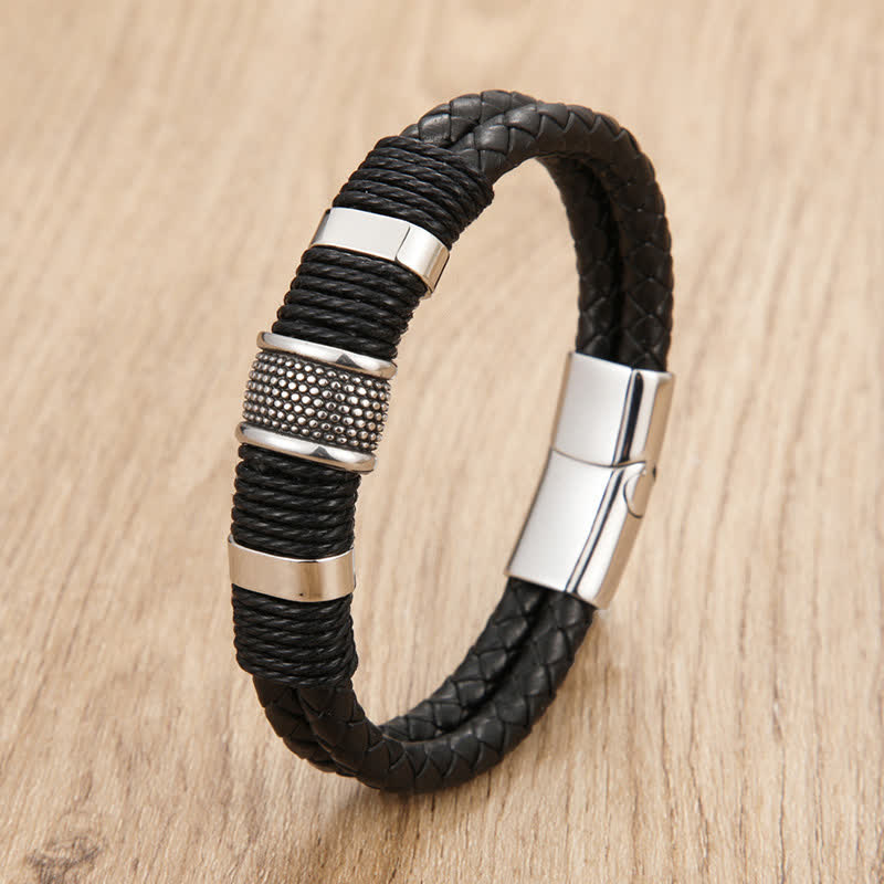 Buddha Stones Handgewebtes, robustes, doppellagiges Lederarmband - Silber - 7,9–8,3 Zoll (20–21 cm) - image 0