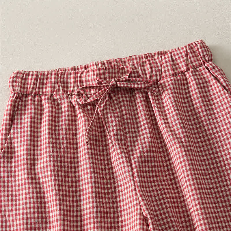 Buddha Stones Sommerliche Vintage-Shorts aus karierter Baumwolle mit Kordelzug für Damen - image 2
