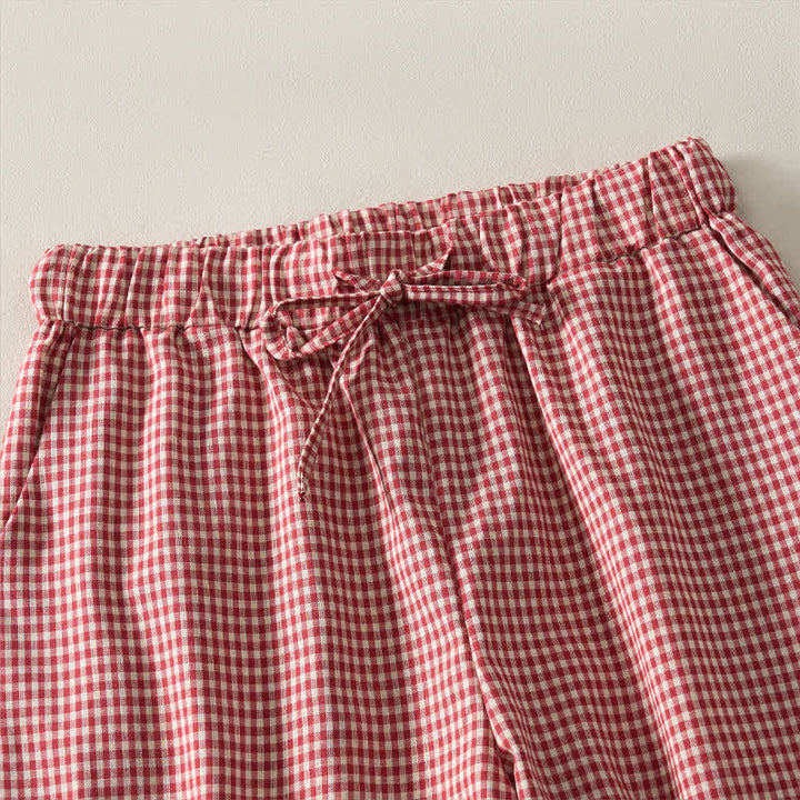 Buddha Stones Sommerliche Vintage-Shorts aus karierter Baumwolle mit Kordelzug für Damen - image 2