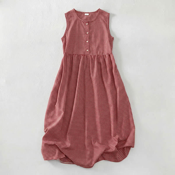 Buddha Stones Sommerliches Vintage-Sommerkleid für Damen aus Baumwolle mit Karomuster, Rundhalsausschnitt, Knopfleiste und Tasche, ärmellos, aus Baumwolle, mit Tasche - Rot - US16, UK/AU20, EU48 (3XL) - image 0