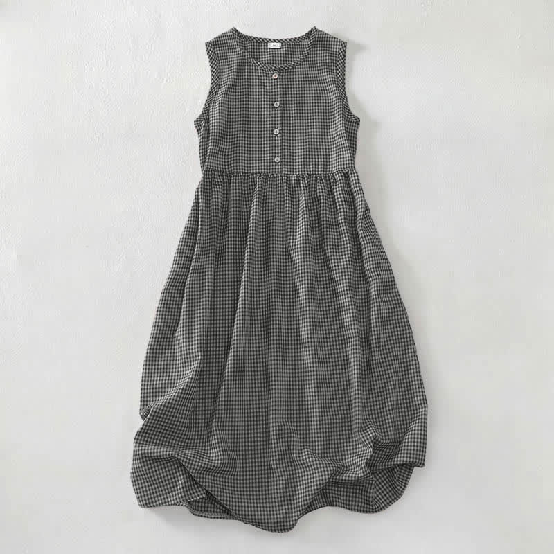 Buddha Stones Sommerliches Vintage-Sommerkleid für Damen aus Baumwolle mit Karomuster, Rundhalsausschnitt, Knopfleiste und Tasche, ärmellos, aus Baumwolle, mit Tasche - Schwarz - US16, UK/AU20, EU48 (3XL) - image 8