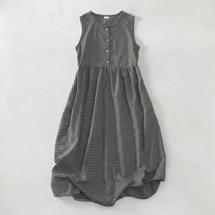 Buddha Stones Sommerliches Vintage-Sommerkleid für Damen aus Baumwolle mit Karomuster, Rundhalsausschnitt, Knopfleiste und Tasche, ärmellos, aus Baumwolle, mit Tasche - Schwarz - US16, UK/AU20, EU48 (3XL) - image 8