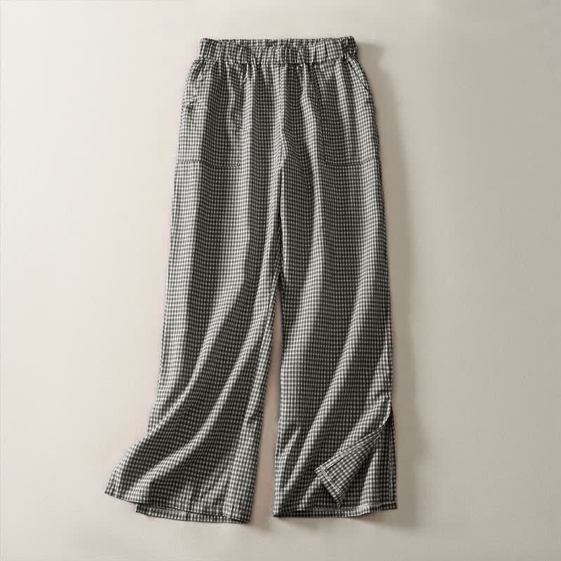 Buddha Stones Lässige, karierte Baumwollhose mit Kordelzug für Damen – ideal für Frühling und Sommer – mit geradem Bein und Taschen - Schwarz - US14, UK/AU18, EU46 (3XL) - image 7