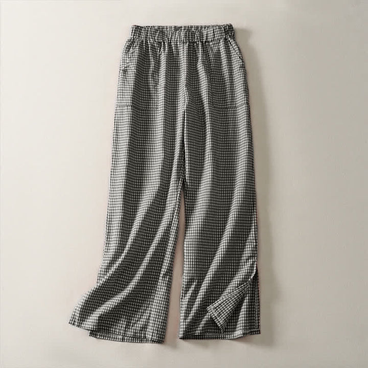 Buddha Stones Lässige, karierte Baumwollhose mit Kordelzug für Damen – ideal für Frühling und Sommer – mit geradem Bein und Taschen - Schwarz - US14, UK/AU18, EU46 (3XL) - image 7