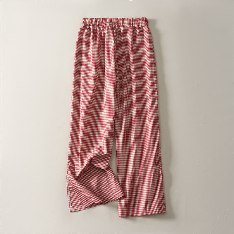 Buddha Stones Lässige, karierte Baumwollhose mit Kordelzug für Damen – ideal für Frühling und Sommer – mit geradem Bein und Taschen - image 1