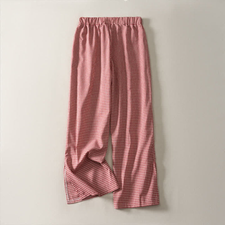 Buddha Stones Lässige, karierte Baumwollhose mit Kordelzug für Damen – ideal für Frühling und Sommer – mit geradem Bein und Taschen - image 1