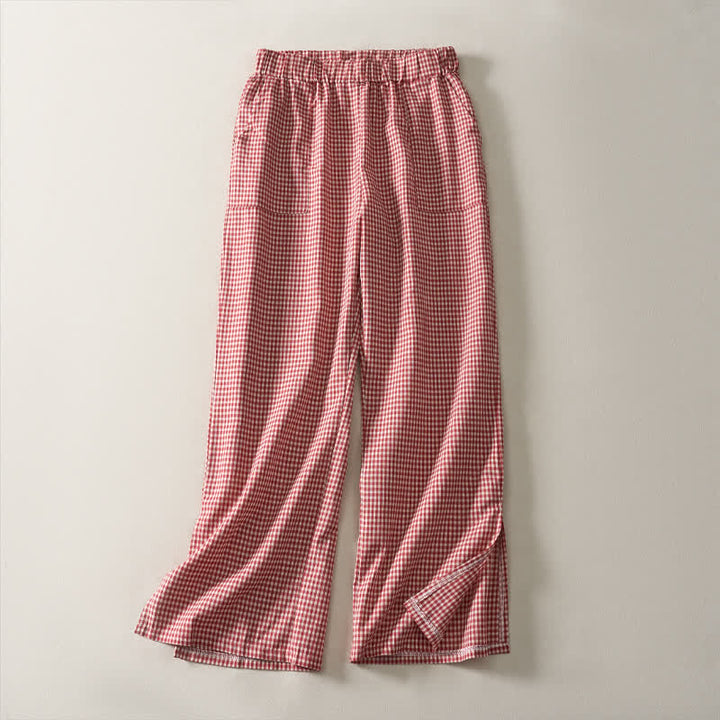 Buddha Stones Lässige, karierte Baumwollhose mit Kordelzug für Damen – ideal für Frühling und Sommer – mit geradem Bein und Taschen - Rot - US14, UK/AU18, EU46 (3XL) - image 0