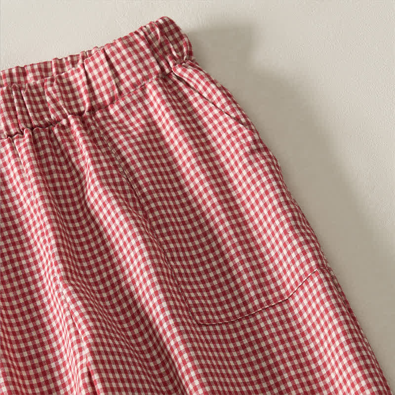 Buddha Stones Lässige, karierte Baumwollhose mit Kordelzug für Damen – ideal für Frühling und Sommer – mit geradem Bein und Taschen - image 3