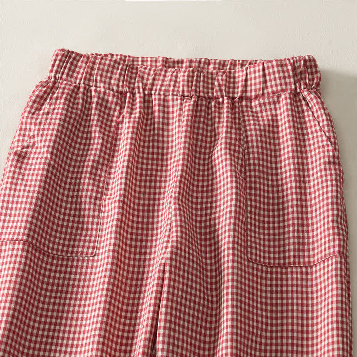 Buddha Stones Lässige, karierte Baumwollhose mit Kordelzug für Damen – ideal für Frühling und Sommer – mit geradem Bein und Taschen - image 2