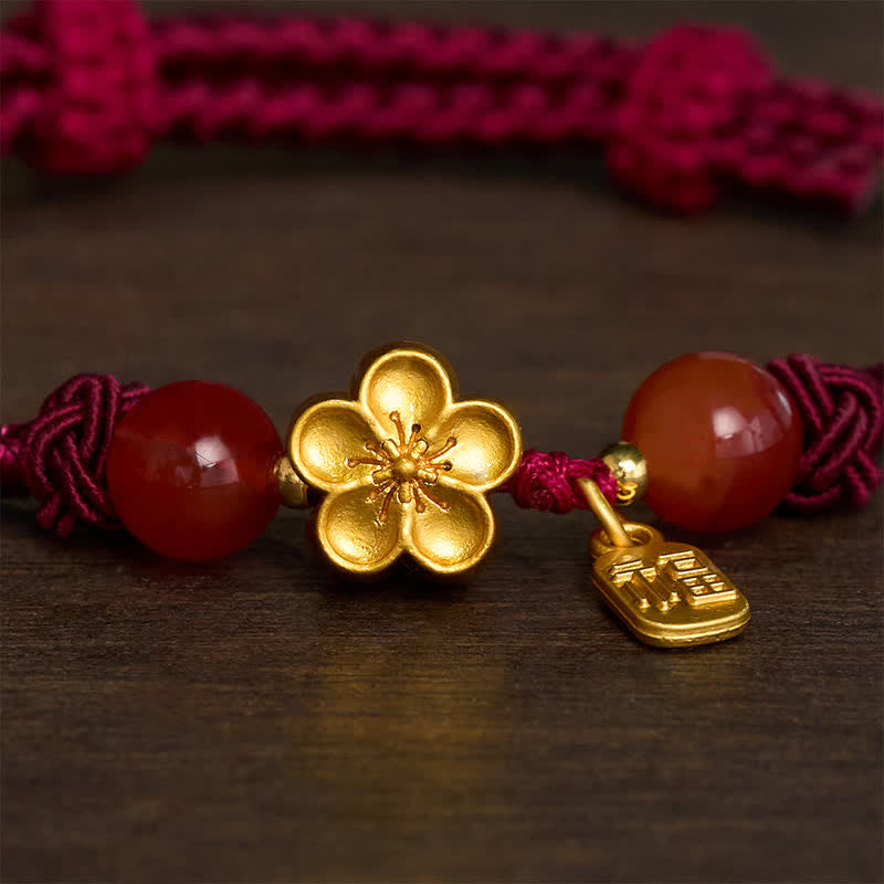 Buddha Stones Kupferfarbenes Pfirsichblüten-Armband mit Fu-Charakter und rotem Faden – Glücksbringer - image 3