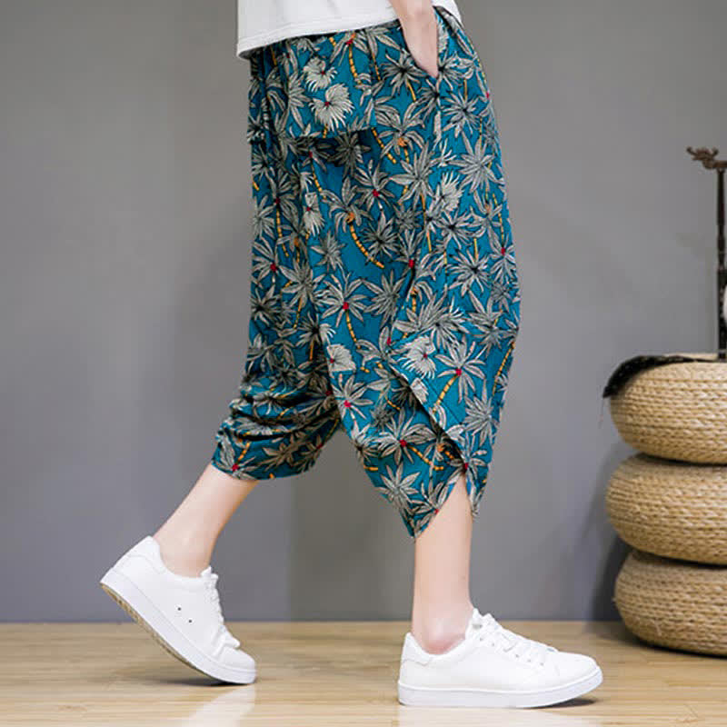 Buddha Stones Sommerliche Boho-Caprihose mit Kordelzug, Blumenmuster, Herren-Haremshose mit Tasche - image 15