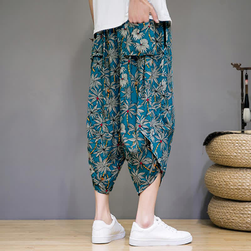 Buddha Stones Sommerliche Boho-Caprihose mit Kordelzug, Blumenmuster, Herren-Haremshose mit Tasche - image 16