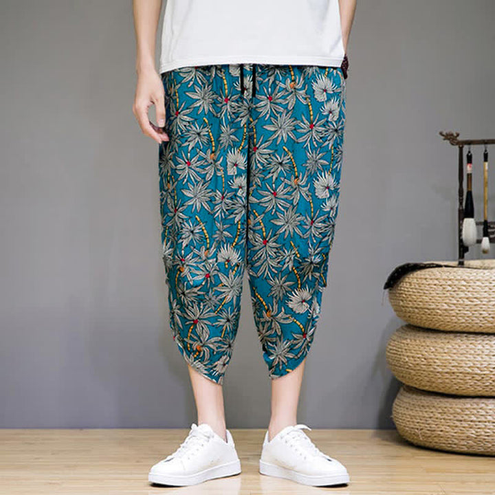 Buddha Stones Sommerliche Boho-Caprihose mit Kordelzug, Blumenmuster, Herren-Haremshose mit Tasche - image 13