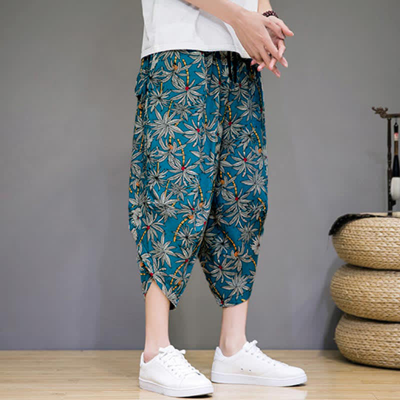 Buddha Stones Sommerliche Boho-Caprihose mit Kordelzug, Blumenmuster, Herren-Haremshose mit Tasche - image 14