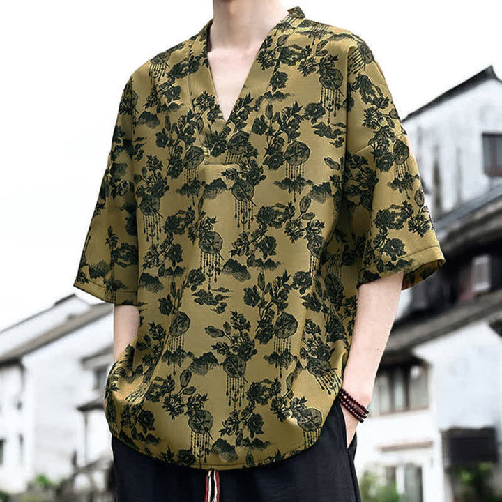 Buddha Stones Sommerliches, lässiges Tang-Style Herren-T-Shirt mit Blumenmuster und V-Ausschnitt, Kurzarm - image 13