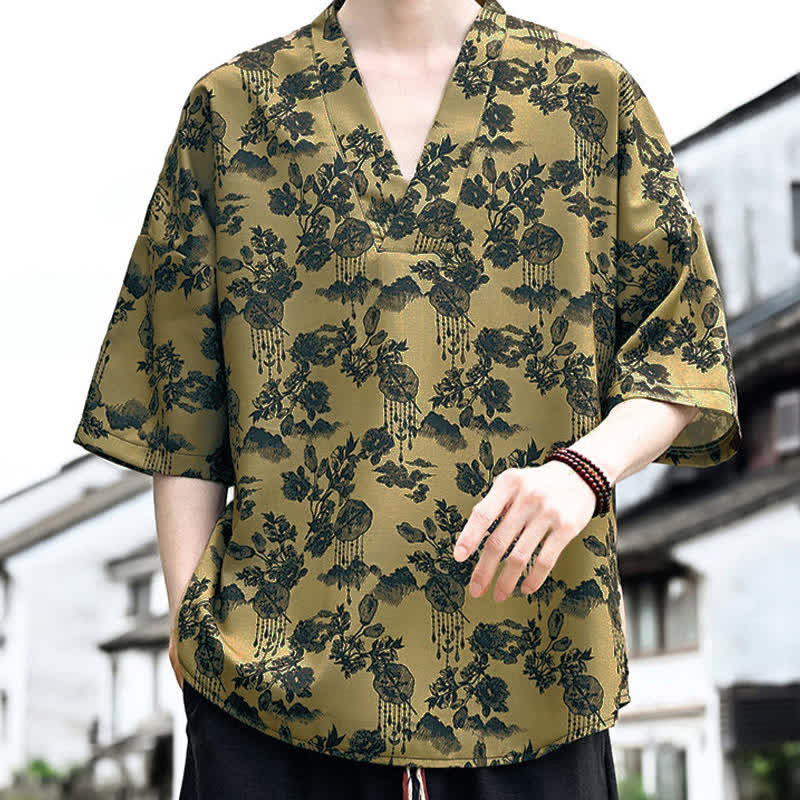 Buddha Stones Sommerliches, lässiges Tang-Style Herren-T-Shirt mit Blumenmuster und V-Ausschnitt, Kurzarm - image 12