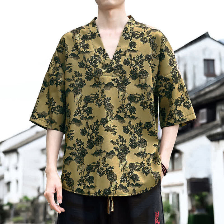 Buddha Stones Sommerliches, lässiges Tang-Style Herren-T-Shirt mit Blumenmuster und V-Ausschnitt, Kurzarm - Dunkelkhaki - US/UK/AU46, EU56 (5XL) - image 11