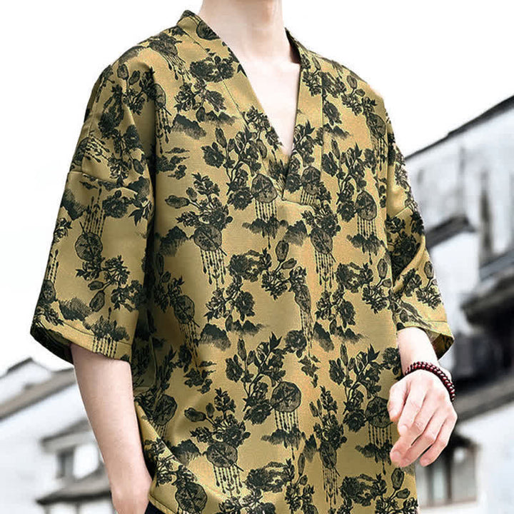 Buddha Stones Sommerliches, lässiges Tang-Style Herren-T-Shirt mit Blumenmuster und V-Ausschnitt, Kurzarm - image 17