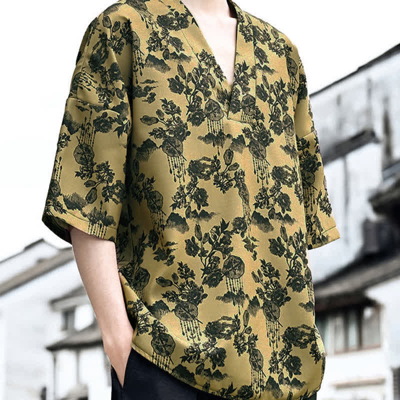 Buddha Stones Sommerliches, lässiges Tang-Style Herren-T-Shirt mit Blumenmuster und V-Ausschnitt, Kurzarm - image 16